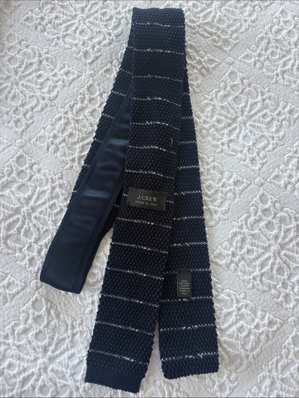 J. Crew Navy Knit Tie with Silver Stripes